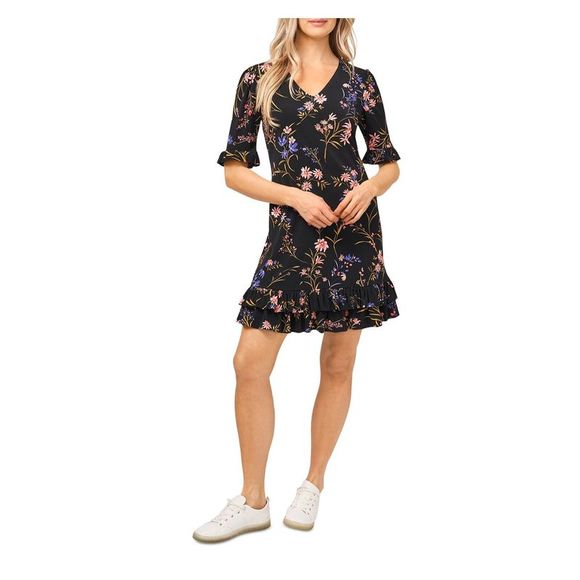 CECE Womens Black 3/4 Sleeve V Neck Above The Knee Cocktail Ruffled Dress XS - Picture 3 of 3